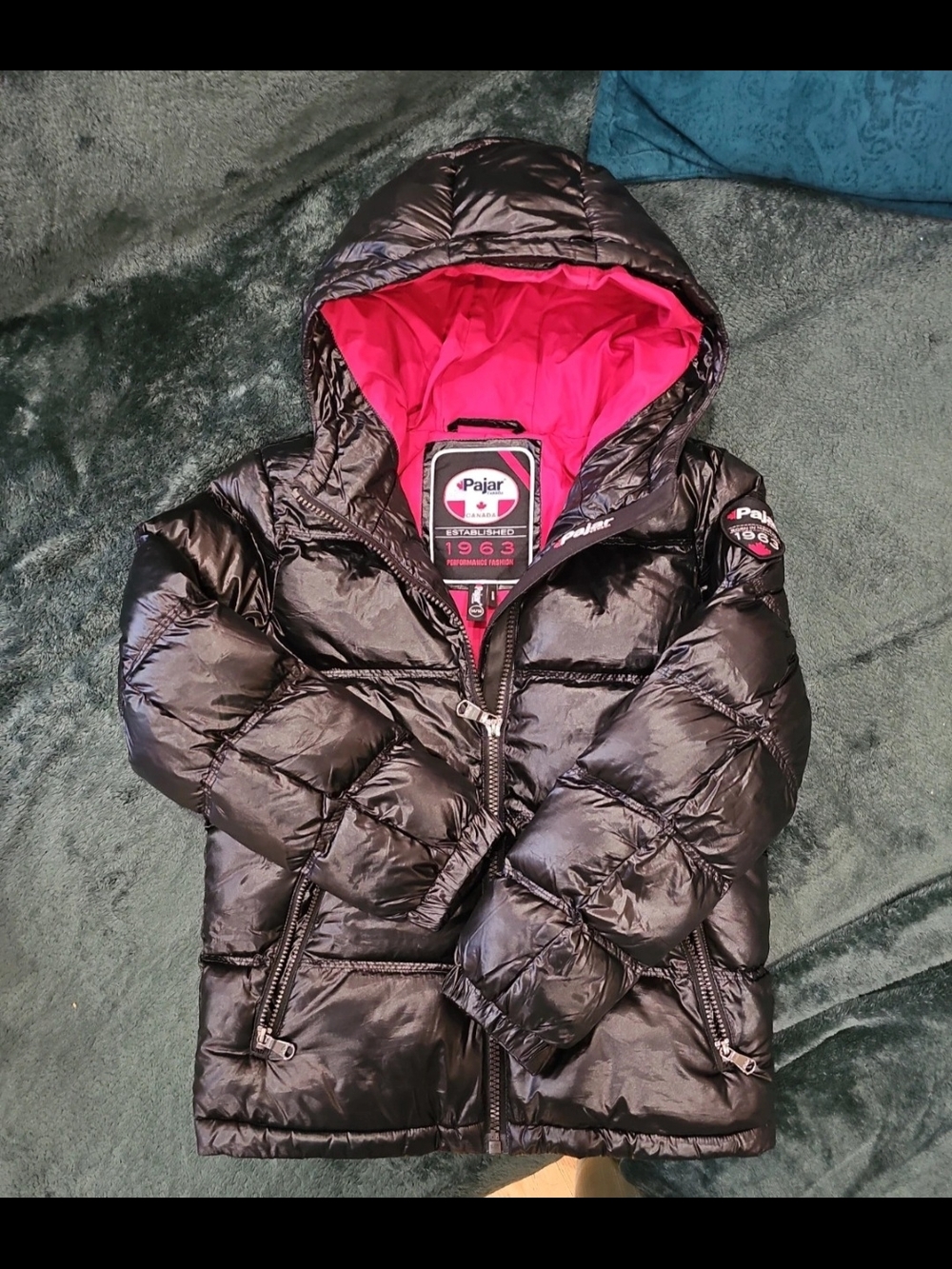 Pajar Kids Black Puffer Jacket with Bright Pink Hood Lining
